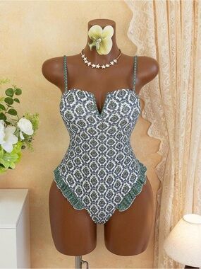 SHEIN Green White Patterned One-Piece Swimsuit